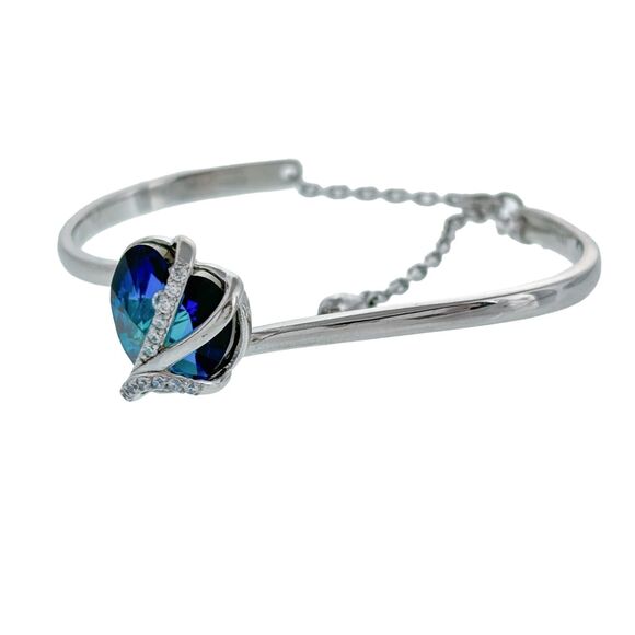 Sterling Silver Blue Crystal Heart Cubic Zirconia Accent Chain Bracelet 6.25" - Picture 4 of 8